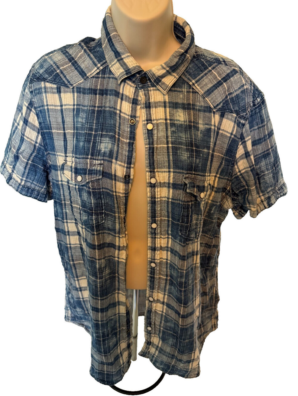 Express Women L Plaid Button Down Shirt Pockets Blue/White Western Rustic